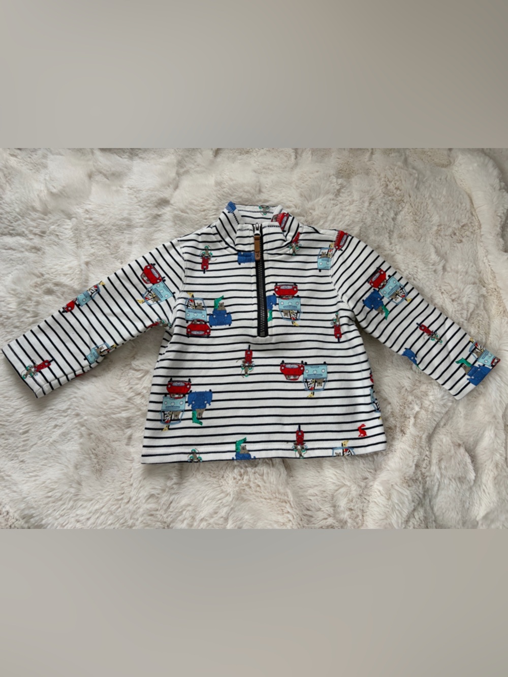 Joules Navy and Red Striped Kids Sweatshirt with Vehicle Print